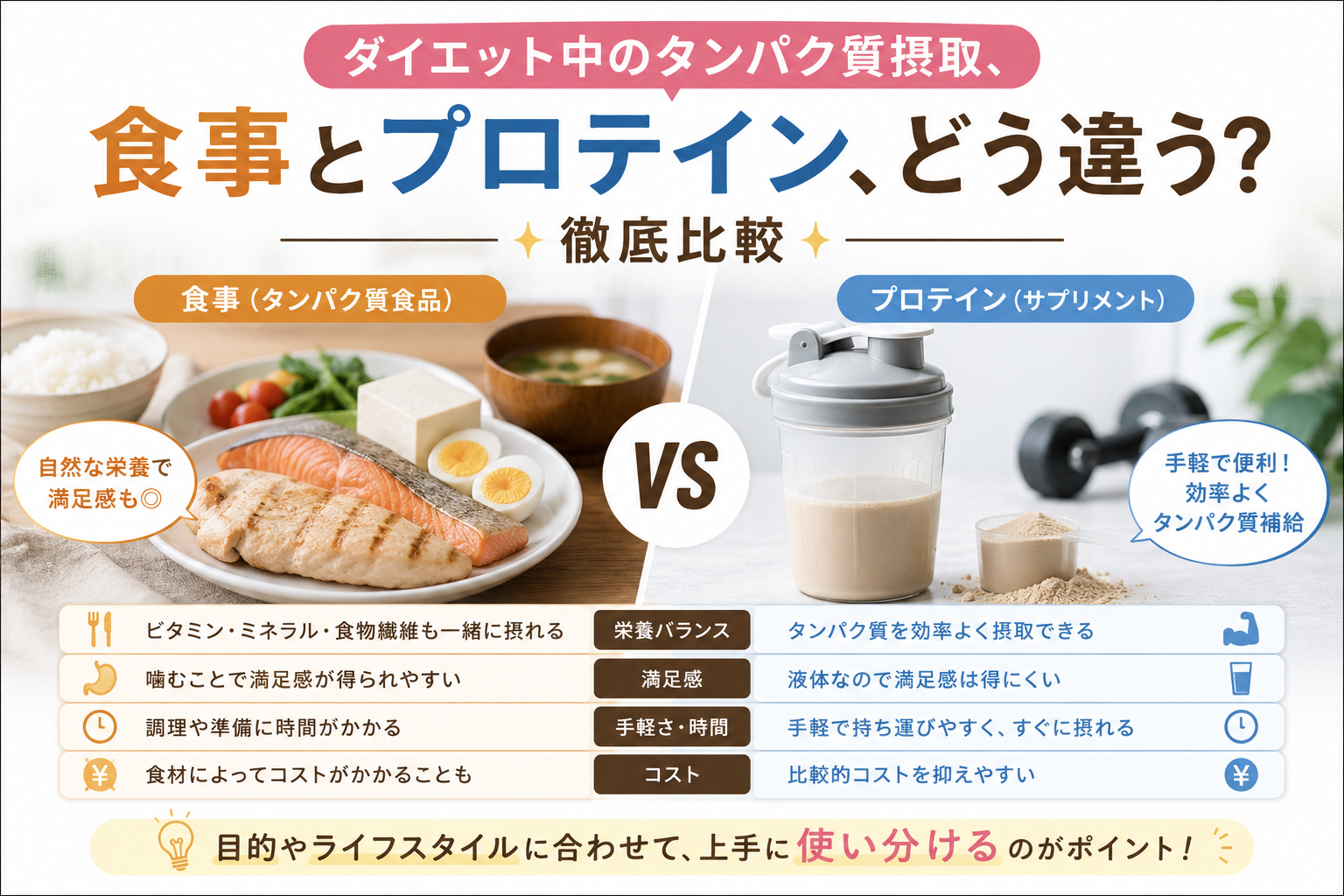 ダイエット中のタンパク質摂取、食事とプロテイン、どう違う？徹底比較